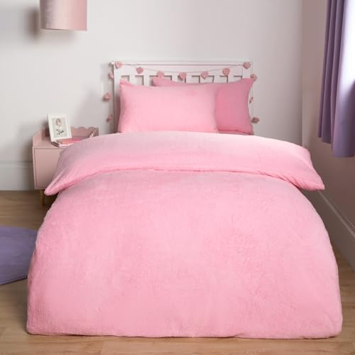 Brentfords Duvet Set Single Teddy Pink Bedding, Fluffy Fleece Duvet Covers Thermal Bedding Single Duvet Cover with Pillowcase Ultra Soft Comfy Warm