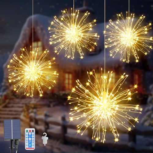 Acxilexy 4 Pezzi Solari Luci Fuochi d'Artificio, 480 LEDs Fuochi d'Artificio Luci Sospese con 8 Modalità, Impermeabile Filo di Rame Luci Stringa, Telecomando, Catene Luminose per Feste Giardino