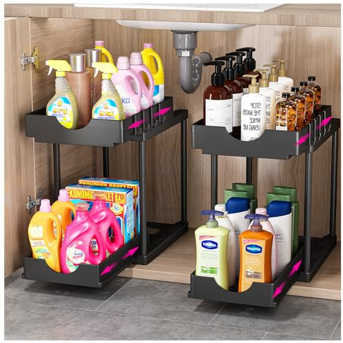 PurKeep 2Pack Under Sink Storage - 2 Tier Sliding Kitchen Storage Under Sink Shelf, Under Cabinet Drawer Organizer with Hooks, for Bathroom Kitchen Countertop, Black