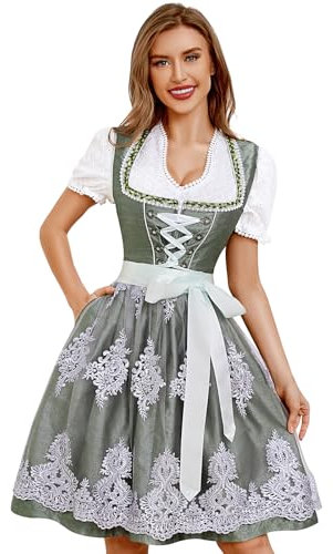 Funspread Dirndl Damen Midi Grün - Trachtenkleid Trachtenmode für Oktoberfest Dirndlkleid mit Spitzenschürze 36
