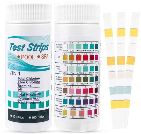 7 IN 1 Pool Teststreifen, 100 Stück Pooltester Spa Pool Teststreifen, Wassertester für Pool Gesamthärte, Gesamtchlor, Alkalinität und PH-Wert, Teststreifen for Pool Schwimmbad