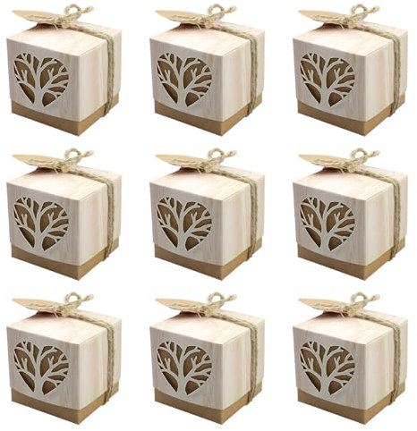 wocpvm 25 Konfektschachteln aus Kraftpapier, Geschenkbox des Lebensbaums Besteht Klein Süßigkeiten Schachtel mit 25 x Jutekordel für Gastgeschenke, Hochzeit, Weihnachten und DIY
