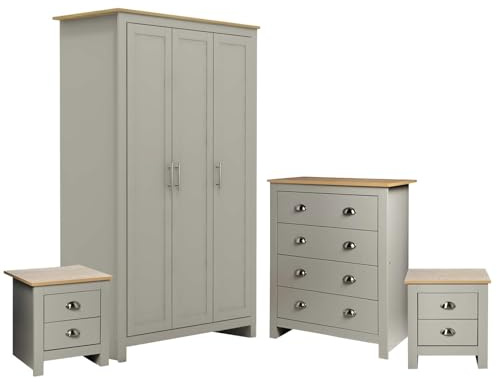 HOMELIFE Lancaster 4 Piece Bedroom Set Wardrobe Drawer Chest Bedside Table Grey