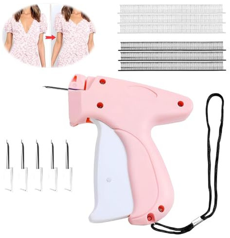 POHOVE Quick Clothing Fixer, Stitchmaster mit 5 Nadeln und 1000 Plastiknadel, Mini-Stichsäumpistole für Kleidung, Stickmaschine für Kleidung(Color:rosa+weiß)