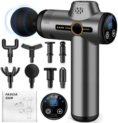 AQXONG Mini Muskelmassagepistole, Tragbares Elektrisches Massagegerät mit LCD Display, 99 Geschwindigkeiten, 8 Massageköpfe, Ultraleise Massagepistole 35DB, Wiederaufladbare Massagepistole