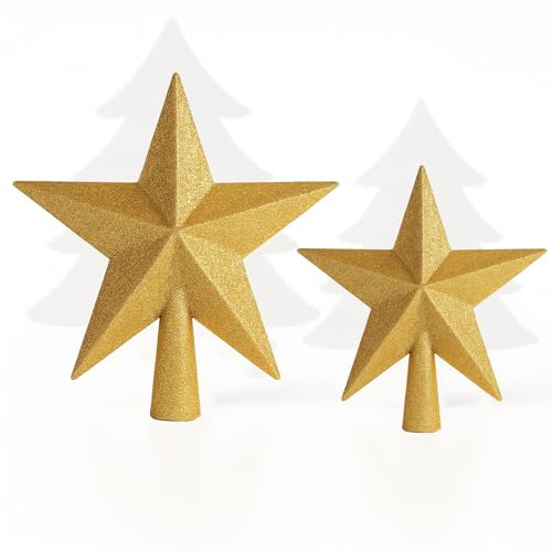 AMLOOPH Christmas Tree Topper, 2 Pack Glitter Gold Christmas Tree Star Decorations - 15cm & 10cm Sparkle Xmas Star Tree Topper for Traditional Gold Christmas Decorations