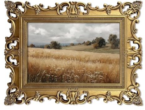 XIAOAIKA Hand-Finished Autumn Field Landscape Wall Art, Oil Painting Style Print with 3D Baroque Gold Frame, Vintage Countryside Scene for Living Room, Bedroom, or Study, 16 x 21 Inch