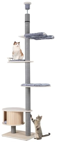 GYMAX Árbol para Gatos de Techo, Torre de Madera de 5 Niveles con Altura Ajustable 236-271 cm, Casita, Plataformas, Hamaca y Rascador, Mueble para Gatos de Interior con Cojines Extraíbles