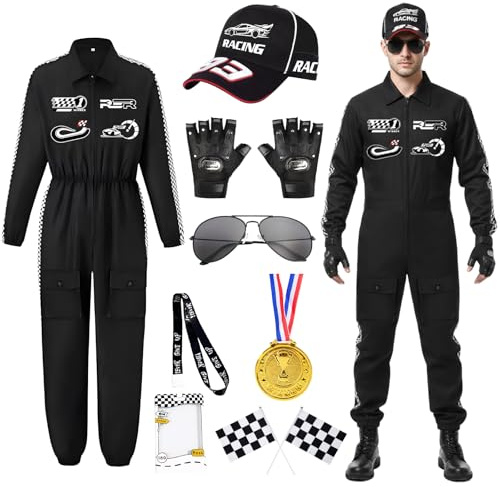 COYBTO Costume da Pilota Uomo, Tuta da Corsa per Adulti con Accessori, Occhiali da Sole Guanti Cappello Porta Badge, Costume Uomo per Adulti Carnevale Halloween Festa (Nero, M)