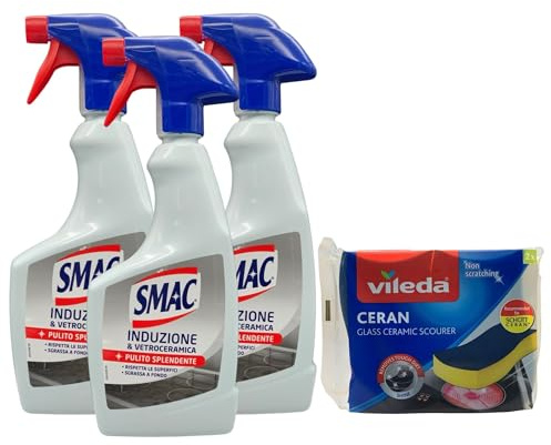 SET PULIZIA PIANI INDUZIONE & VETROCERAMICA: Detergente Spray, Per Un Pulito Splendente, Sgrassa a Fondo 500ml + Confezione Da 2 Spugne CERAN (3 Spray + 1 Confezione Spugne)