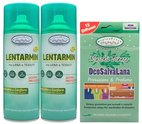 SET: 2x Spray Salvatessuti LENTARMIN, Doppia Protezione Su Lana e Tessuti Grazie Alla Combinazione Di Cedro e Canfora 400ml + Confezione Da 12 Strisce Protettive Deo Muschio Bianco