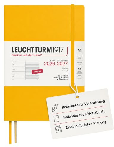 LEUCHTTURM1917 Veckokalender 2027 A5 med anteckningsbok, linjerad – mötesplanerare engelska, 18 månader juli 2026 – december 2027, solros, softcover, 210 x 145 mm, veckoöversikt vänster +