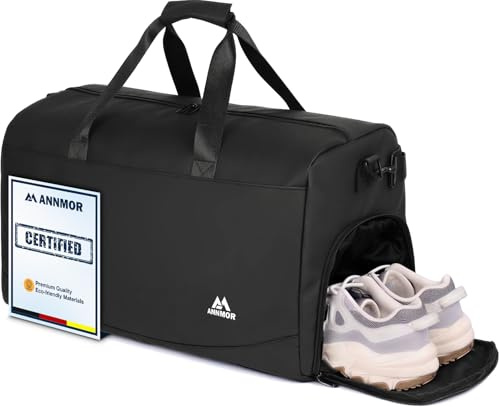 ANNMOR Bolsa de Deporte 57L con Compartimento para Zapatos y Ropa Húmeda | Material PU repelente al agua, bolsa de viaje para gimnasio, natación y estancias cortas