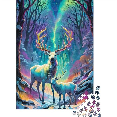 1 000 bitar mini pussel hjort skog polarljus för vuxna | 52 x 38 cm papper, kontorsdekoration, perfekt passform, vän present, stressminskning