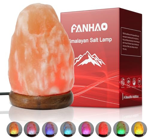 FANHAO USB Himalayan Salt Lamp with 8 Colors Changing, Natural Crystal Salt Rock Lamp Table Lamps for Gifts, Home Décor - Hand Carved, LED Bulb and Real Rubber Wood Base