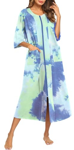 Ekouaer Robe for Women Zipper front Robes 3/4 Sleeve House Dress with Pockets Full Length Nightgown Housecoat,Green Tie Dye,L