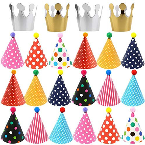 Ouceanwin 22Pcs Partyhüte Kindergeburtstag Set, Happy Birthday Partyhütchen mit Schnur, Krone Hut Kappe und Bunt Party Kegel Hüte mit Pom Poms für Geburtstag Festival Dekoration Foto Prop