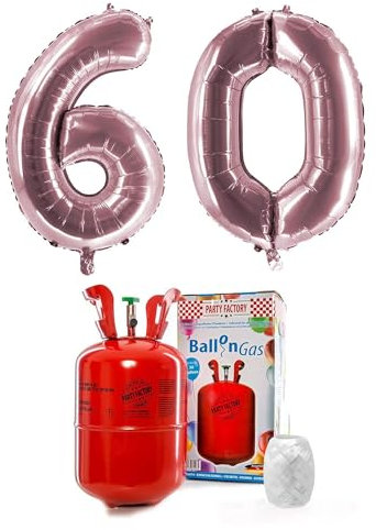 Party Factory – Helium Gasflasche 200L im Set mit XXL Zahlenballon 60 Rosé – Partydeko Ballongas Flasche mit Folienballon & 40 m weißer Ballonschnur – Einwegflaschen mit Knick-Füllventil