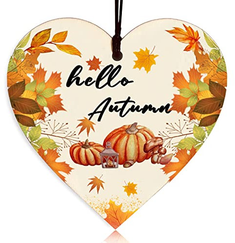Autumn House Decor - Wooden Heart Sign, Pumpkins, Maple Accessories for Thanksgiving