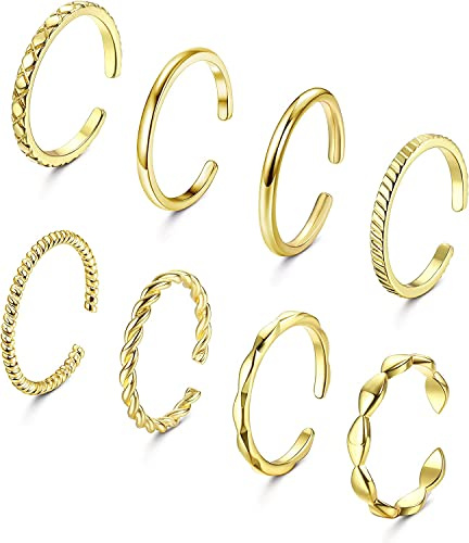ADRAMATA 8 Pezzi Anelli Regolabili Set 14K Placcato Oro Anelli per Nocche Anello Pollice Ferma Anelli a Fascia per Dito Anelli Aperti Impilabili Dorato Argento Anello per Donna