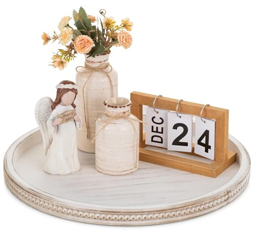 Hanobe Bandeja Decorativa Redonda Grande: Mesa de café Blanca de 45 cm, Bandeja de Cuentas Circular, rústica, bandejas de Madera Grandes, decoración de Granja, otomana, Vintage, Centro de Mesa para