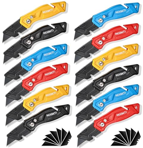 REXBETI Folding Pocket Utility Knife Quick-change SK2 Box Cutter for Cartons, Cardboard and Boxes, Back-lock Mechanism with 20 Extra Blades (12 folding utility knife)