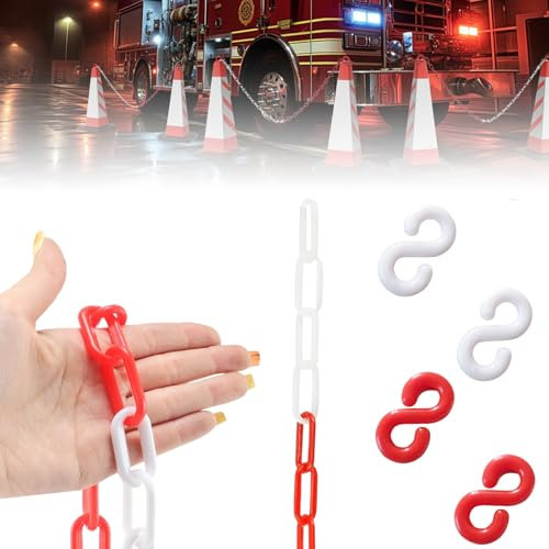 Cadena de plástico de 25 m, color rojo y blanco, con 4 ganchos en S, estable, resistente al agua, adecuada para cierres de seguridad y advertencias