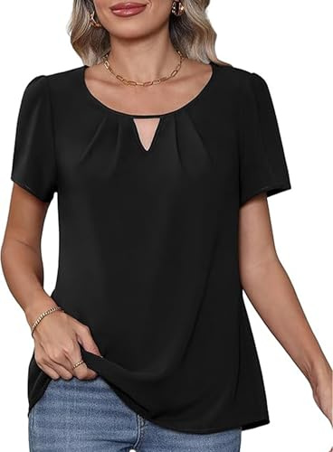 YGJIEGENG Chiffon Women's Summer Blouses Ladies Tops Elegant Short Sleeve Casual Fashion Crew Neck T Shirts Black L