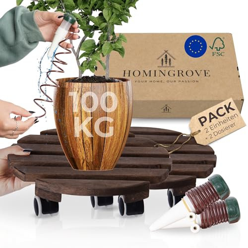 Homingrove Set 2 Portavasi con Ruote Ø 30 cm – Sottovaso con Ruote per Vasi Pesanti, Fino a 100 kg, Legno d’ontano FSC, Ruote 360° silenziose con Freno, Interno/Esterno