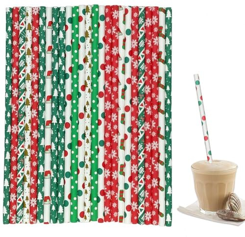 Cannucce Carta Natalizie 100 Pezzi biodegradabili 8 Fantasie Festive 19,5 cm x 6 mm ecologiche per Feste Bevande Eventi Natale