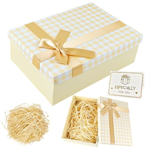 YIMETOP Gift Box with Lid, Premium Present Box 25x18x9cm Medium Gift Box with Shredded Paper Ribbon Greeting Card Unique Design for Valentinstag, Birthdays, Wedding Anniversary, Anniversaries(Yellow)