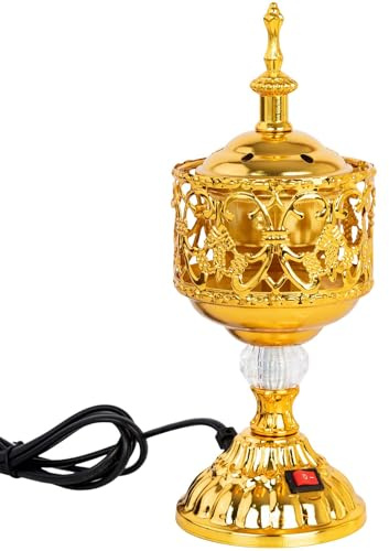 Xisakaca Golden Electric Incense Burner, Arabian Style Electric Incense Holder with US Plug, Middle Eastern Tabletop Decorative Censer for Yoga Spa Home Office Christian Church Decor