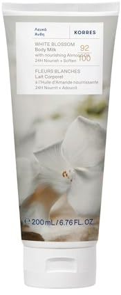 KORRES WHITE BLOSSOM Bodymilk con olio di mandorle nutriente, con profumo di rose bianche e bergamotto, per 24 ore di cura e morbidezza, vegano, senza siliconi e parabeni, 200 ml