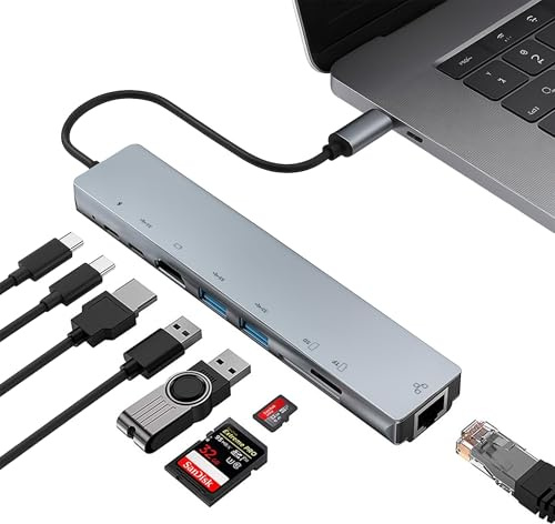 Docking Station USB C 8 in 1 Hub Adattatore Multiporta HDMI 4K, Ethernet RJ45 Gigabit, Ricarica PD 100W, 3 Porte USB Dati, Lettore SD TF, Alluminio Dock Station Compatibile con MacBook Pro Air HP