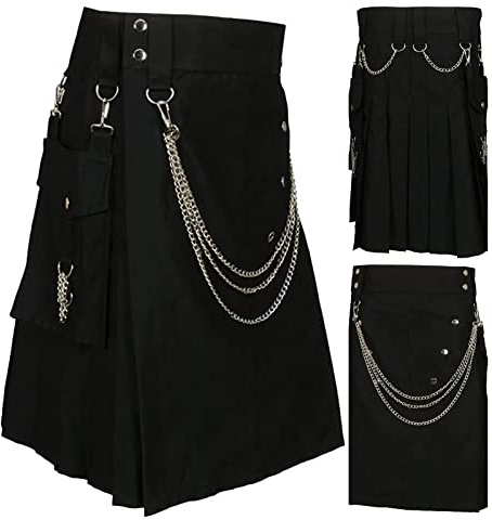 Skotsk kjol för män med kedja, enkel skotsk kjol för män, mode enfärgad veckad kilt retro distinkt veckad klänning mångsidiga trendiga kläder med flera kedjor för män