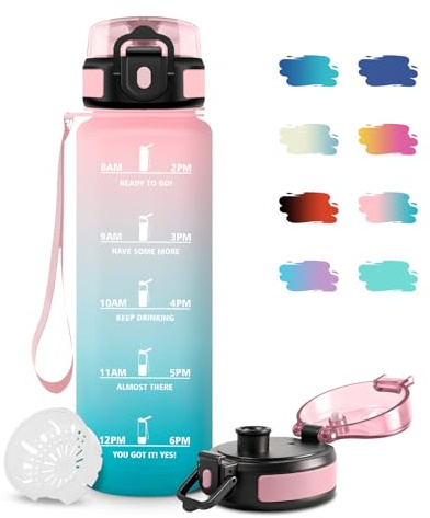 JAPORIA Borraccia 1L, Borracce con Filtro, Borraccia Palestra con Indicatore del Tempo, Bottiglia Acqua Riutilizzabile, senza BPA, Borracce Sport per Adulti, Studenti, Ufficio