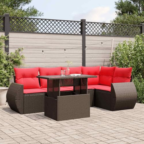 Owoxanthellate Owox Juego de 6 sofás de jardín de ratán marrón, mesa regulable en altura, banco de esquina, banco central, 2 sofás con reposabrazos, asiento de 62 cm, resistente a la intemperie