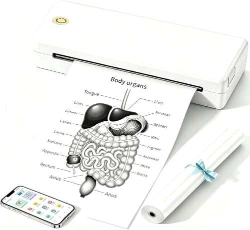 eSynic Impresora Portátil A4 sin Tinta Impresora Térmica Bluetooth Mini Impresora Móvil Impresora Compacta Impresora Inalámbrica Multitamaño para Oficina Estudio con Batería 2600mAh - Blanco