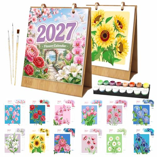 Calendrier de table 2027 à peindre par numéros - À poser - Kit de bricolage pour adultes - Avec peintures acryliques - Pinceaux - Décoration de bureau - Cadeau