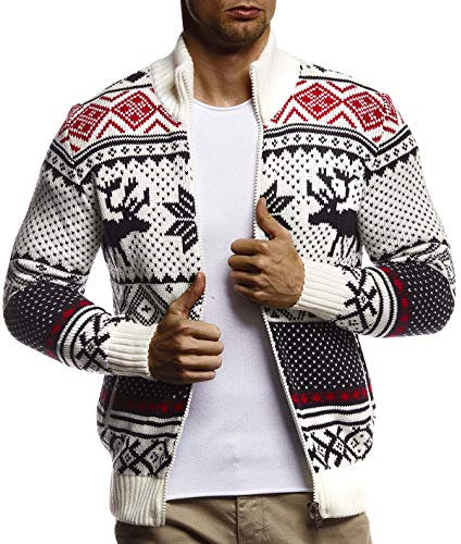 Leif Nelson Herren Strickjacke Stehkragen Norwegerjacke Schwarze Winterjacke Freizeitjacke Männer Jacke für Weihnachten Winter Norweger Muster Übergangsjacke Slim Fit LN20759 S Ecru