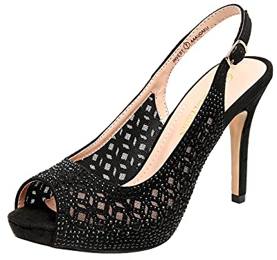 DREAM PAIRS Women's High Heels Platform Dress Rhinestones Peep Toe Pumps Shoes,Size 7,Black/Suede,Invest