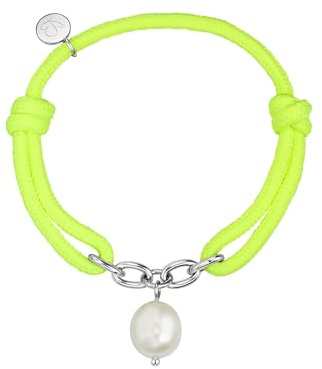 GLANZSTÜCKE MÜNCHEN Damen Textilarmband aus Polyester neongelb mit Süßwasser-Zuchtperle ca. 14,0 mm