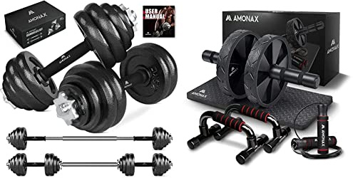 Amonax 30kg Cast Iron Adjustable Dumbbells Weight Set & Amonax Gym Equipment for Home Workout Fitness Exercise, Strength Training Equipment for Abs, Weight Loss, Sport Accessories for Men Women