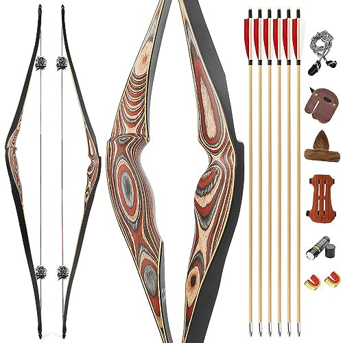 HNZMDY Bogenschießen 58 Traditioneller Recurve Bogen Jagdbogen Langbogen Handgemachte Rechte Hand zum Zielen auf Jugendliche und Erwachsene Bogen Set 20-50lbs (40lbs, Rechte Hand)