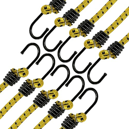 ANSIO Bungee Cords with Hooks 40 (100cm) Pack of 10 Bungee Straps - Yellow | UV-Resistant & Ideal for Securing Luggage, Racks, Camps, Motorcycles, Tarps, Garden Furniture & DIY Storage