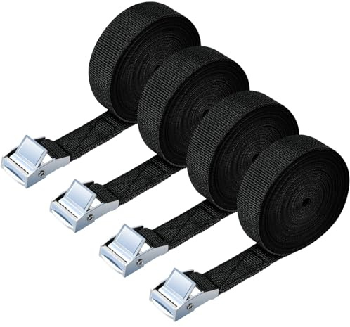 URAQT 4 Pcs Cinghie di Tensione, 6m x 2 cm Cinghie di Tensionamento, Carico Cinghie di Tensione con Fibbia, Adatto per Moto, Auto, Portabiciclette, Trazione: 500kg / Pezzo (Nero)