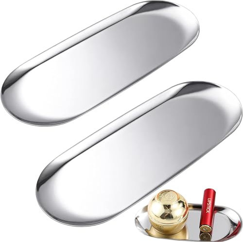 2 bandejas ovaladas de Acero Inoxidable, ovaladas, 23 x 9 cm, Bandeja Decorativa, para Velas, Ovalada, Bandeja para Joyas, postres, cosméticos, Joyas, Velas (Dorada, Plata) (Plata)