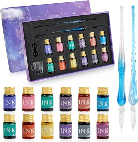 Yuandream Set di penne per immersione in vetro, 2 penne calligrafia con 12 inchiostri colorati, penna immersa in vetro per biglietti di auguri, scrittura, firme, decorazione