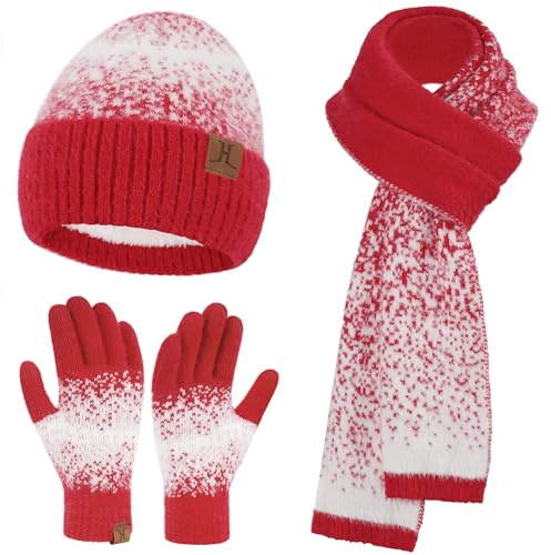 Bequemer Laden Donna Invernale Cappello Berretto Sciarpa e Guanti Touch Screen Set con Fodera in Pile Berretti in Maglia Guanti Scaldacollo