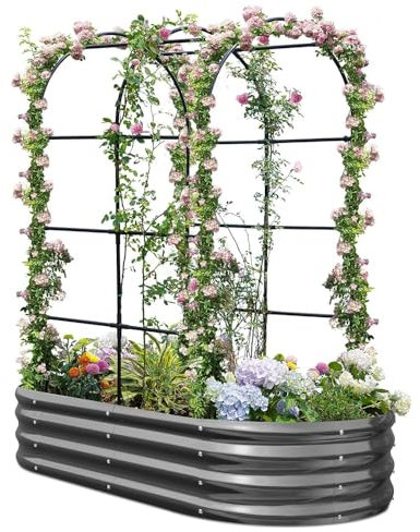 KING BIRD Jardinera con arco de rosas, jardinera para jardín, semillero con arco de jardín, para jardín, verduras trepadoras, flores, 180 x 90 x 30 cm, gris oscuro